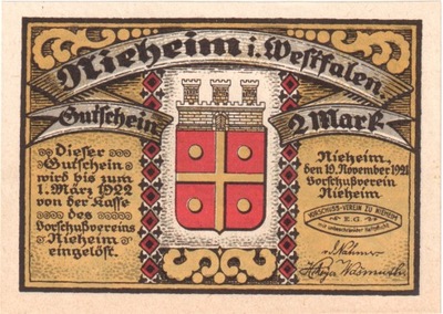 Banknot, Niemcy, Nieheim, 2 Mark, Blason 2, 1922,