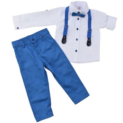 Komplet zestaw dla chłopca koszula spodnie szelki mucha - niebieski R 122