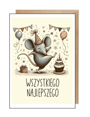 Pocztówka + eko koperta karnet urodziny wszystkiego najlepszego mysz myszka