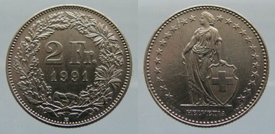 B484. SZWAJCARIA, 2 FRANKI, 1991 ST 1-