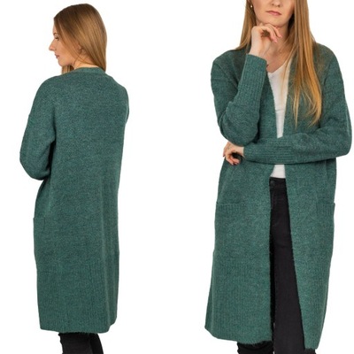 New Look Długi Luźny Zielony Sweter Narzutka Kieszenie z Wełną XXL 44