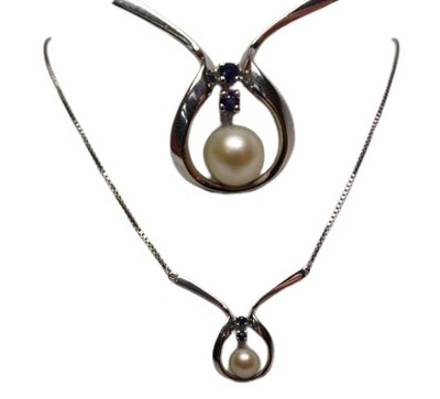 Srebrny naszyjnik perła i szafiry 44 cm.