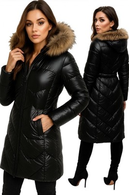 KURTKA ZIMOWA DŁUGA PŁASZCZYK PARKA PIKOWANA Z FUTERKIEM DAMSKA M