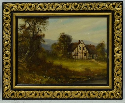 Stary obraz Pejzaż wiejski z chatą Olej 53x43cm