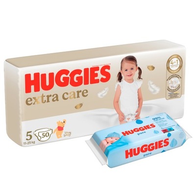 HUGGIES Pieluchy Extra Care Mega 5 50 szt + Chusteczki nawilżane Pure 56szt