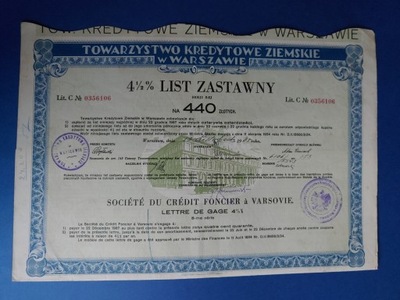 Warszawa TKZ list zastawny 440 zł ser 5-ej 1935 r