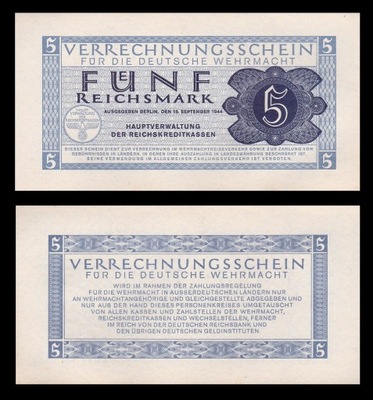 NIEMCY 5 Reichsmark 1944 P-M39 WEHRMACHT UNC
