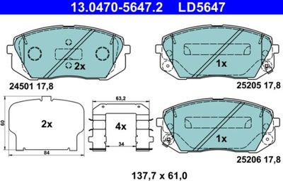 ATE 13.0470-5647.2 КОЛОДКИ КЕРАМІЧНІ ПЕРЕД KIA OPTIMA/SOUL 1,6-2,4 14-