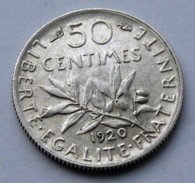 Francja - 50 centimes 1920 r. - Siewca - srebro Ag