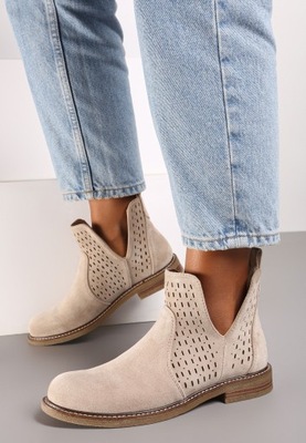 Beżowe Botki Sztyblety z Ażurowymi Wycięciami R 39