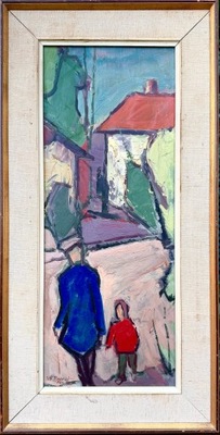 SYGNOWANY ORYGINALNY STARY OBRAZ - DWIE SPACERUJĄCE POSTACIE 1956