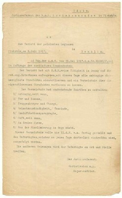 Pismo do Sądu Legionów Polskich w Dęblinie 1917