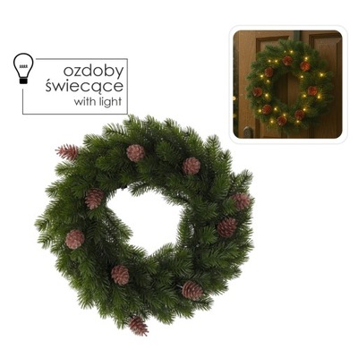 WIENIEC ŚWIĄTECZNY LED 40CM 40L ZIELONY Z SZYSZKAMI