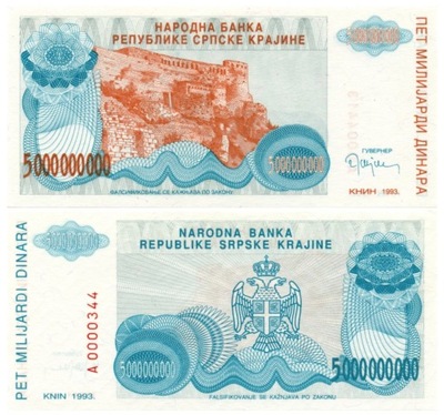 CHORWACJA 5000000000 DINARÓW 1993 PR27 UNC