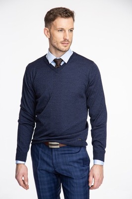 Granatowy sweter v-neck z wełną MERINO