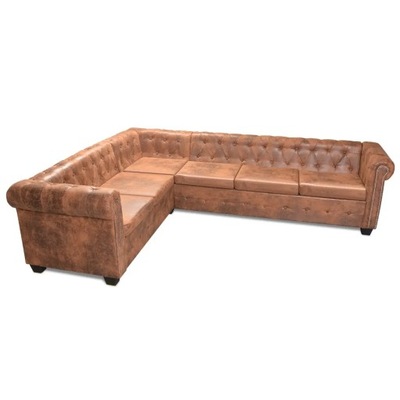 Sofa rogowa Chesterfield sześcioosobowa brązowa, sztuczna skóra