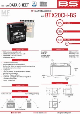 BS АКУМУЛЯТОР BTX20CH-BS (YTX20CH-BS, YTX20A-BS) 12V 18AH 150X87X161 BEZOBS