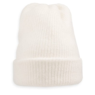 Czapka damska elegancka zimowa włóczka moher ciepła beanie biała wywijana