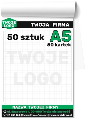 NOTESY klejone z NADRUKIEM A5 BLOCZKI Firmowe 50-kartkowe LOGO 50 sztuk