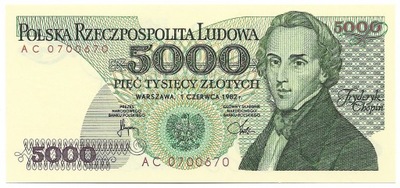 5000 Zł Fr. Chopin 1982r Seria AC Stan/UNC