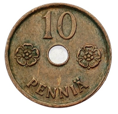 FINLANDIA 10 PENNIA 1942 RZADKA - Z OTWOREM