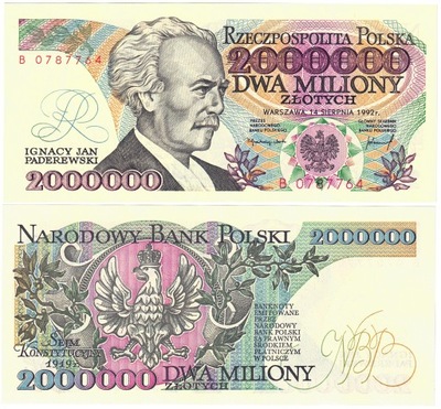 Banknot 2000000 zł seria B 1992 r. Paderewski / UNC