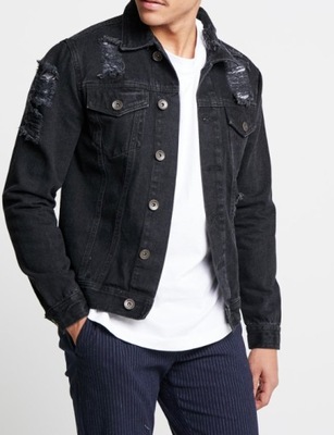 JACK&JONES CZARNA KURTKA JEANSOWA DZIURY L