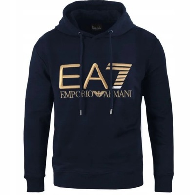 EA7 EMPORIO ARMANI BLUZA Z KAPTUREM ZŁOTE HAFTOWANE LOGO GRANATOWA - S