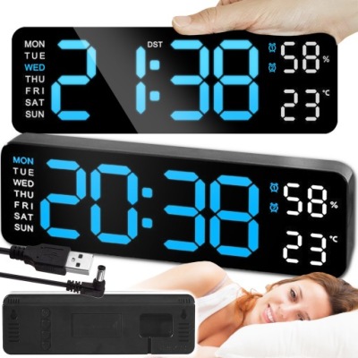 BUDZIK ZEGAR ELEKTRONICZNY LED DRZEMKA GŁOŚNY TERMOMETR HIGROMETR DUŻY XXL