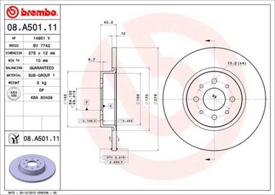 DISCS BRAKE REAR BREMBO 08.A501.11 08A50111  