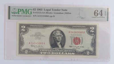banknot 2 dolary 1963 czerwona pieczęć USA PMG 64 EPQ