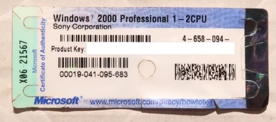 Naklejka Windows 2000 Professional SONY klucz
