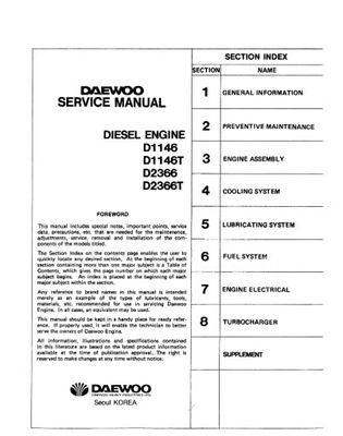 DAEWOO DOOSAN D2366, D2366T, D1146, D1146T, ENGINE SERVICE МЕХАНІКА / МЕХАНІЧНА