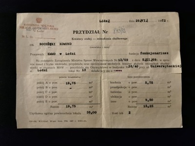 Milicja Obywatelska MO Przydział Mieszkania Łódź 1972