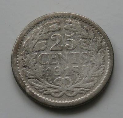 Holandia - 25 cents centów - 1918 WILHELMINA - Ag