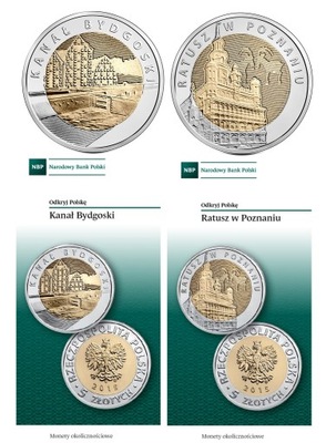 5 zł złotych 2015 Kanał Bydgoski i Ratusz w Poznaniu + 2 FOLDERY gratis