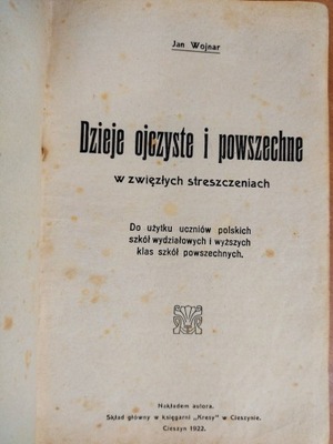 WOJNAR DZIEJE OJCZYSTE I POWSZECHNE CIESZYN 1922