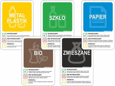 ZESTAW 5 naklejki na KOSZ segregacja śmieci 30x20