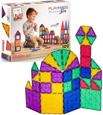 PLAYMAGS KLOCKI MAGNETYCZNE KOLOROWE PŁYTKI ZESTAW 100 ELEMENTÓW