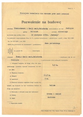 Pozwolenie na budowę. Dokument wystawiony w 1936 roku