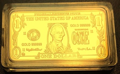 USA ,Sztabka Złota,1 Dolar,999/1000 GOLD ,pozłacana kopia, + banknot GRATIS