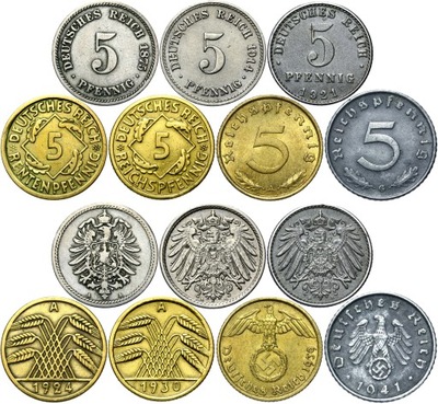 Niemcy zestaw 7 x 5 Pfennig 1874-1944 - RÓŻNE TYPY