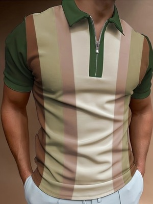 Męska koszula w paski z krótkim rękawem i zamkiem 1/4, 3XL (58)