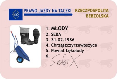 Prawo jazdy na taczki Prezent Urodzinowy