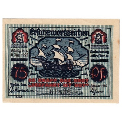 Banknot, Niemcy, Stettin, 75 Pfennig, personnage,
