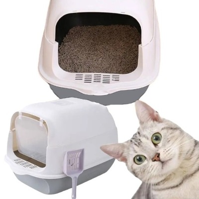 Kuweta zamknięta dla kota na żwirek z filtrem szaro biała łopatka gratis