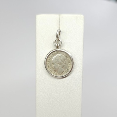 Srebrny wisiorek z monetą, srebro 0,800 Niderlandy 10centów z 1938r.