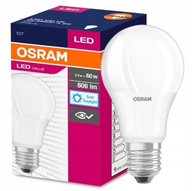 Osram żarówka E27 8,5W=60W 806lm 6500K ZIMNE LED