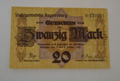 Niemcy - Regensburg - banknot - 20 Marek - 1918 rok