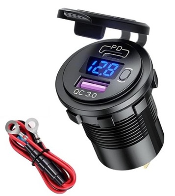 CHARGER AUTOMOTIVE USB QC3.0 + PD USB C VOLTAGE METER BUTTON ON/OFF  